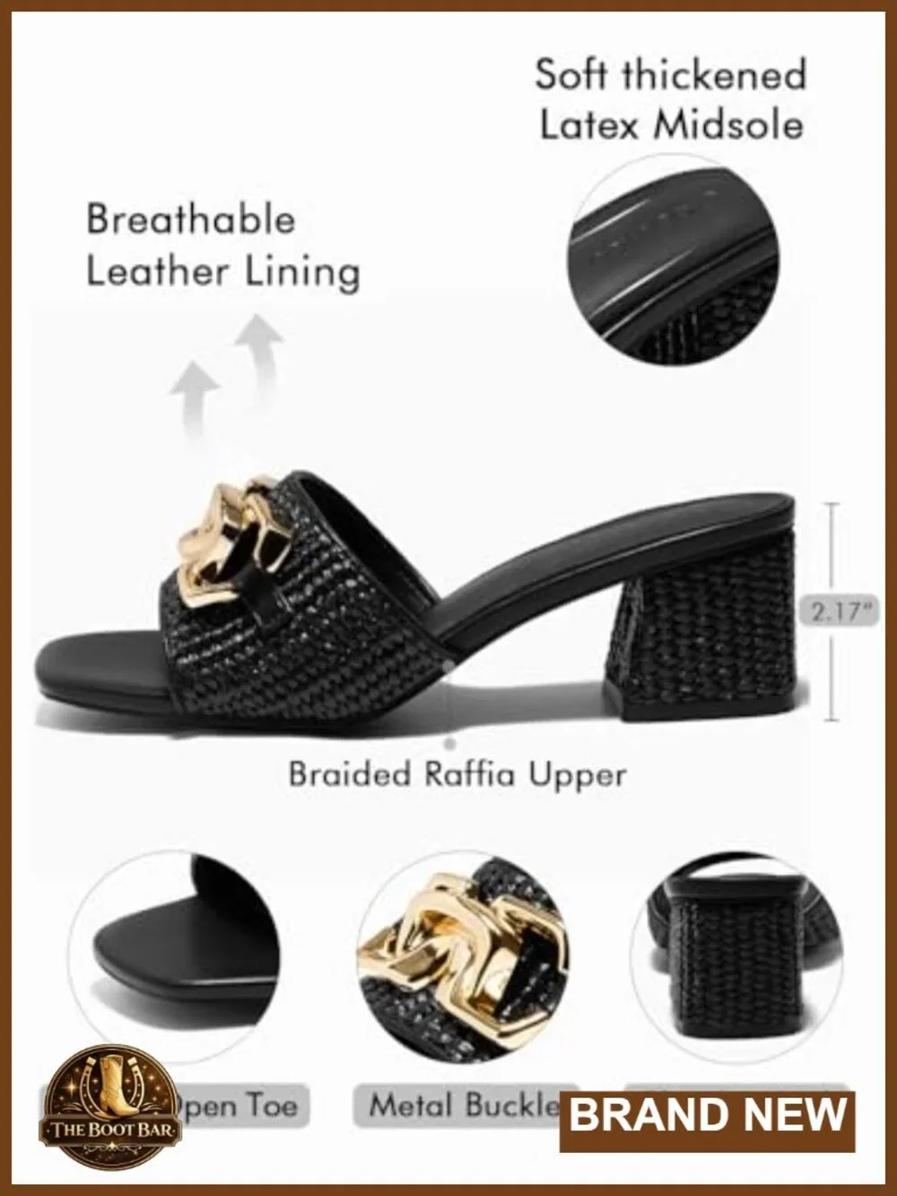 Women's Raffia Slide Sandals Chunky Block Heeled Square Open Toe Metal Chain